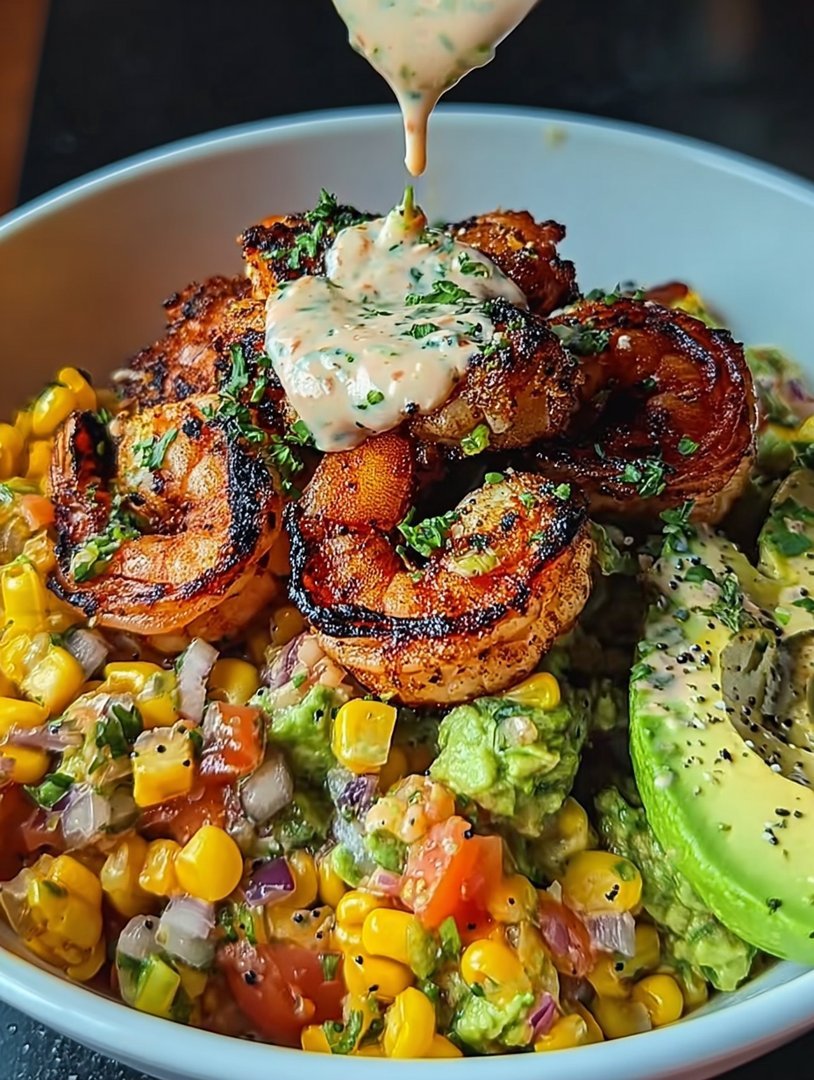 Rezept für eine Schüssel mit gegrillten Garnelen, Avocado-Mais-Salsa und Knoblauchsauce image 2